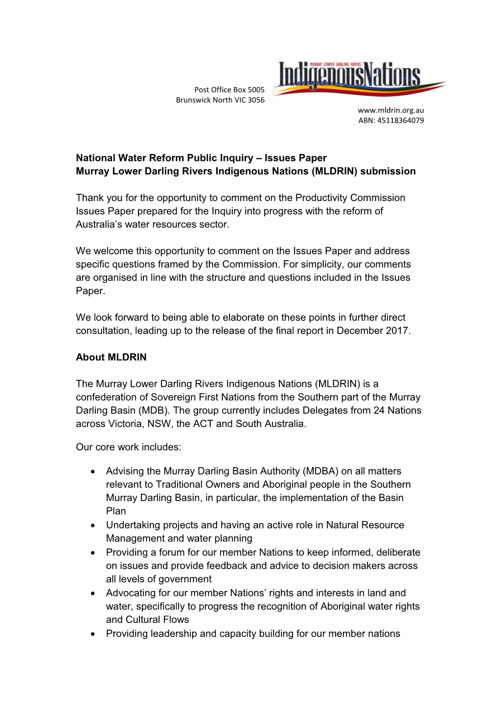 Submission 60 - Murray Lower Darling Rivers Indigenous Nations (MLDRIN) - National Water