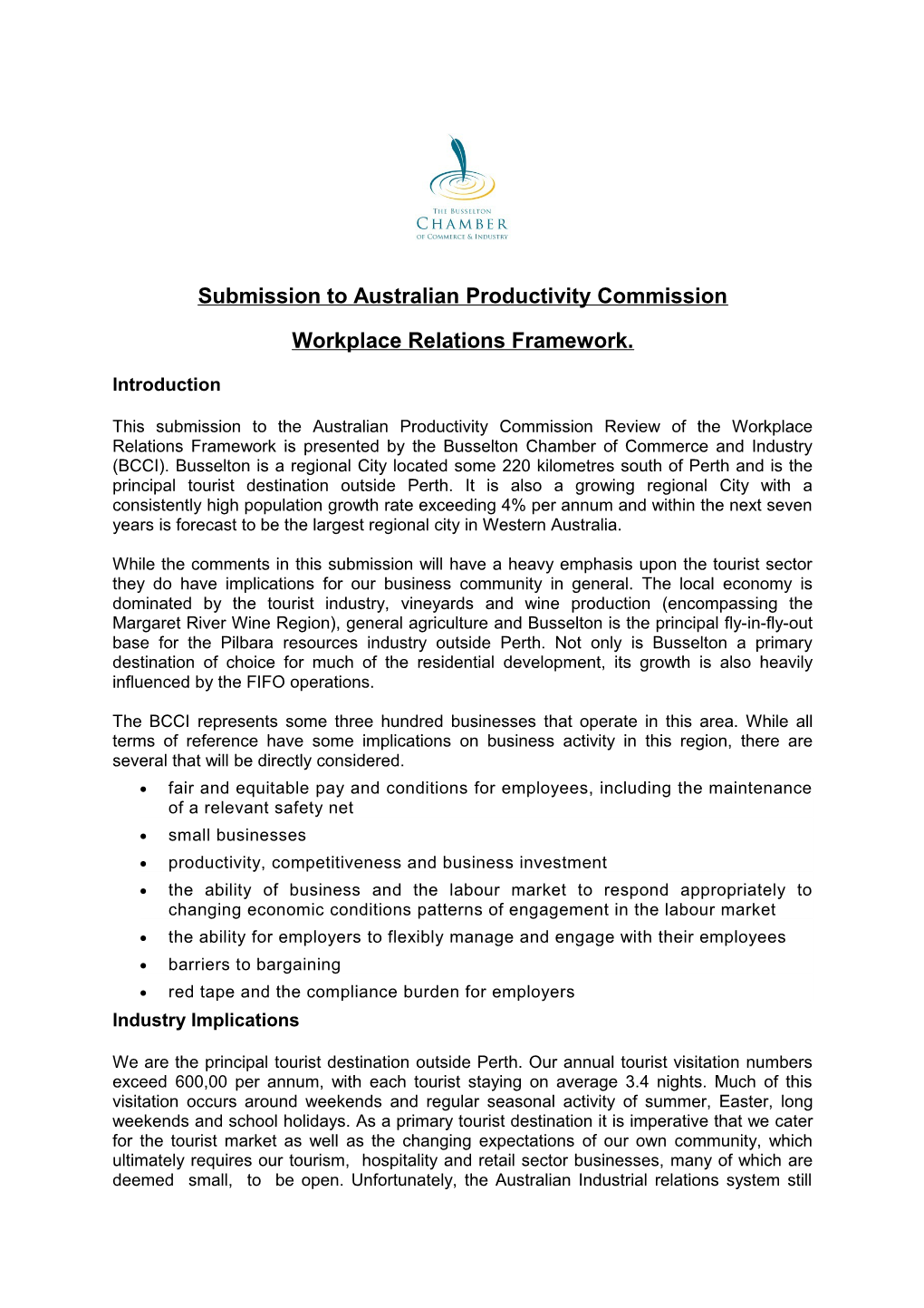 Submission 65 - Busselton Chamber of Commerce and Industry - Workplace Relations Framework