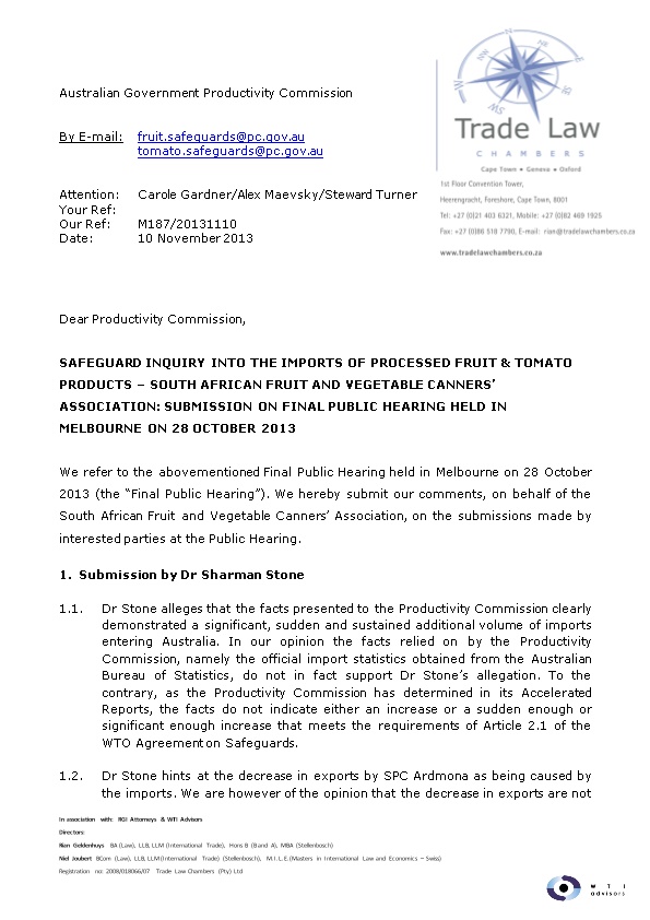 Submission AR44 - South African Fruit and Vegetable Canners' Association - Import of Processed