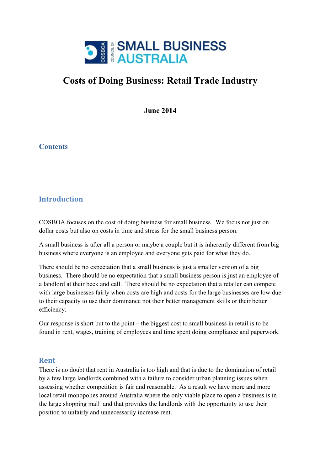 Submission DR20 - Council of Small Business of Australia (COSBOA) - Costs of Doing Business