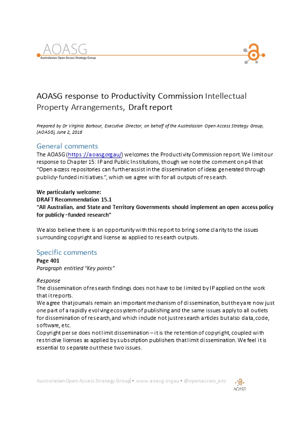 Submission DR431 - Australasian Open Access Strategy Group - Intellectual Property Arrangements