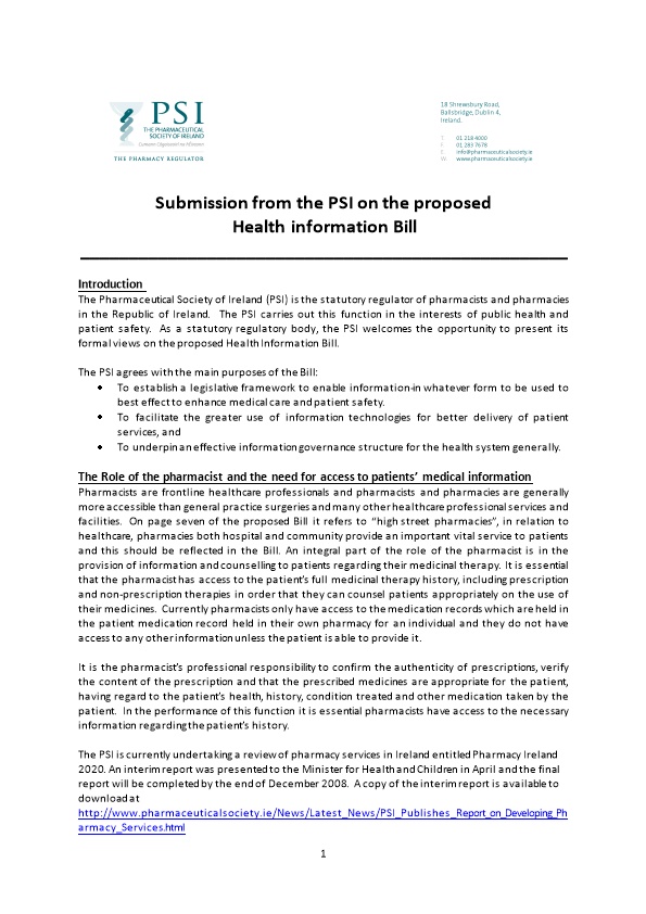 Submission from the PSI on the Proposed