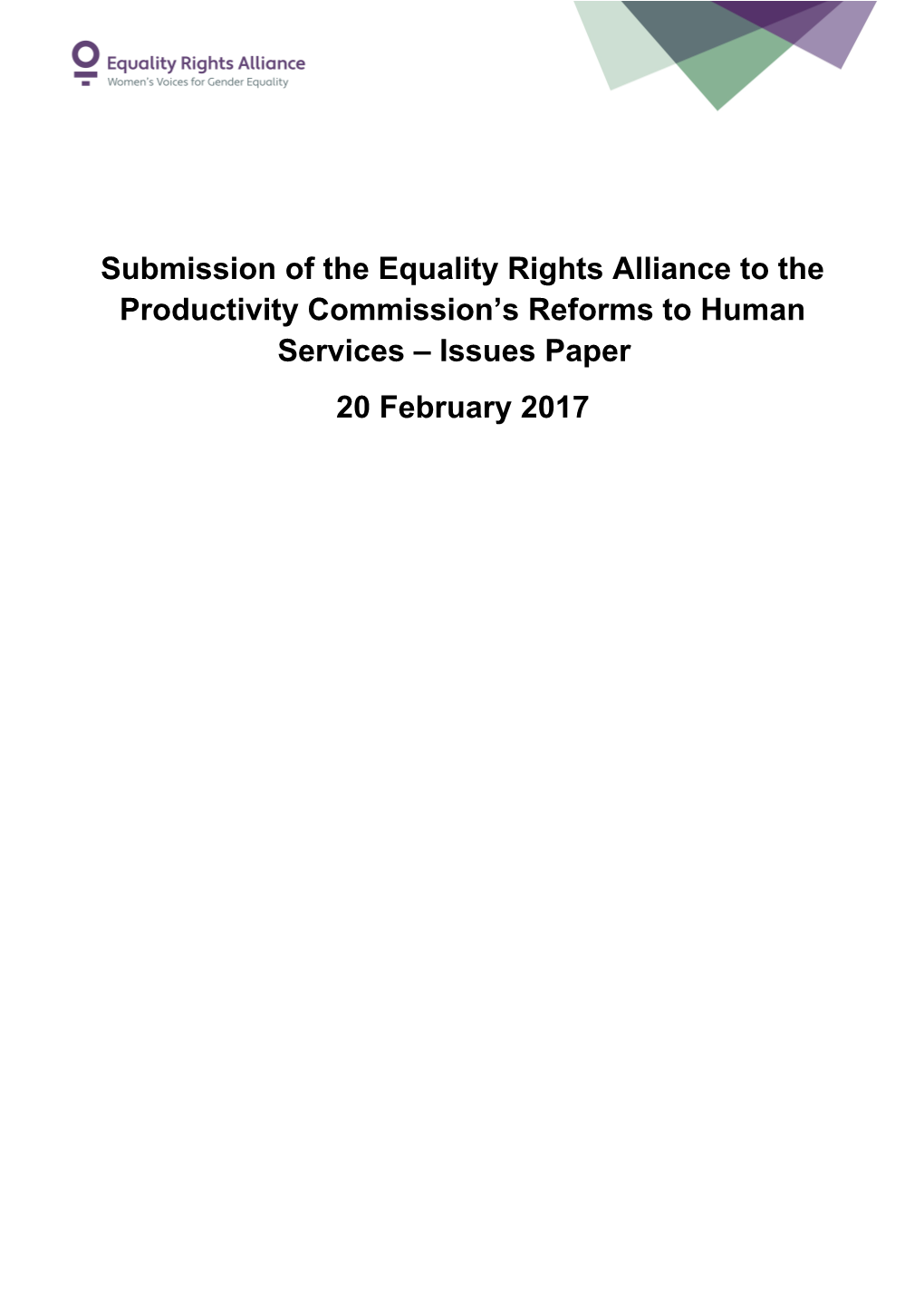 Submission of the Equality Rights Alliance Tothe Productivity Commission S Reforms To