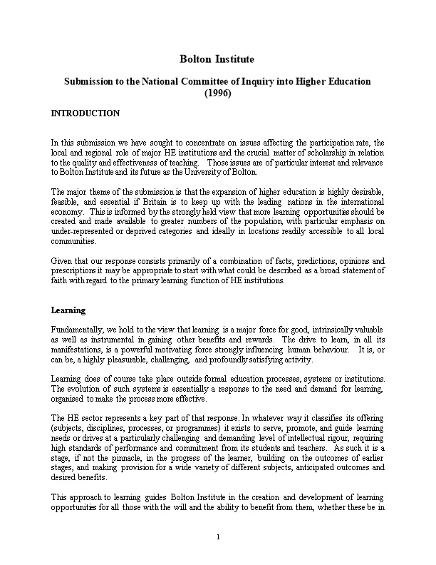 Submission to the National Committee of Inquiry Into Higher Education (1996)