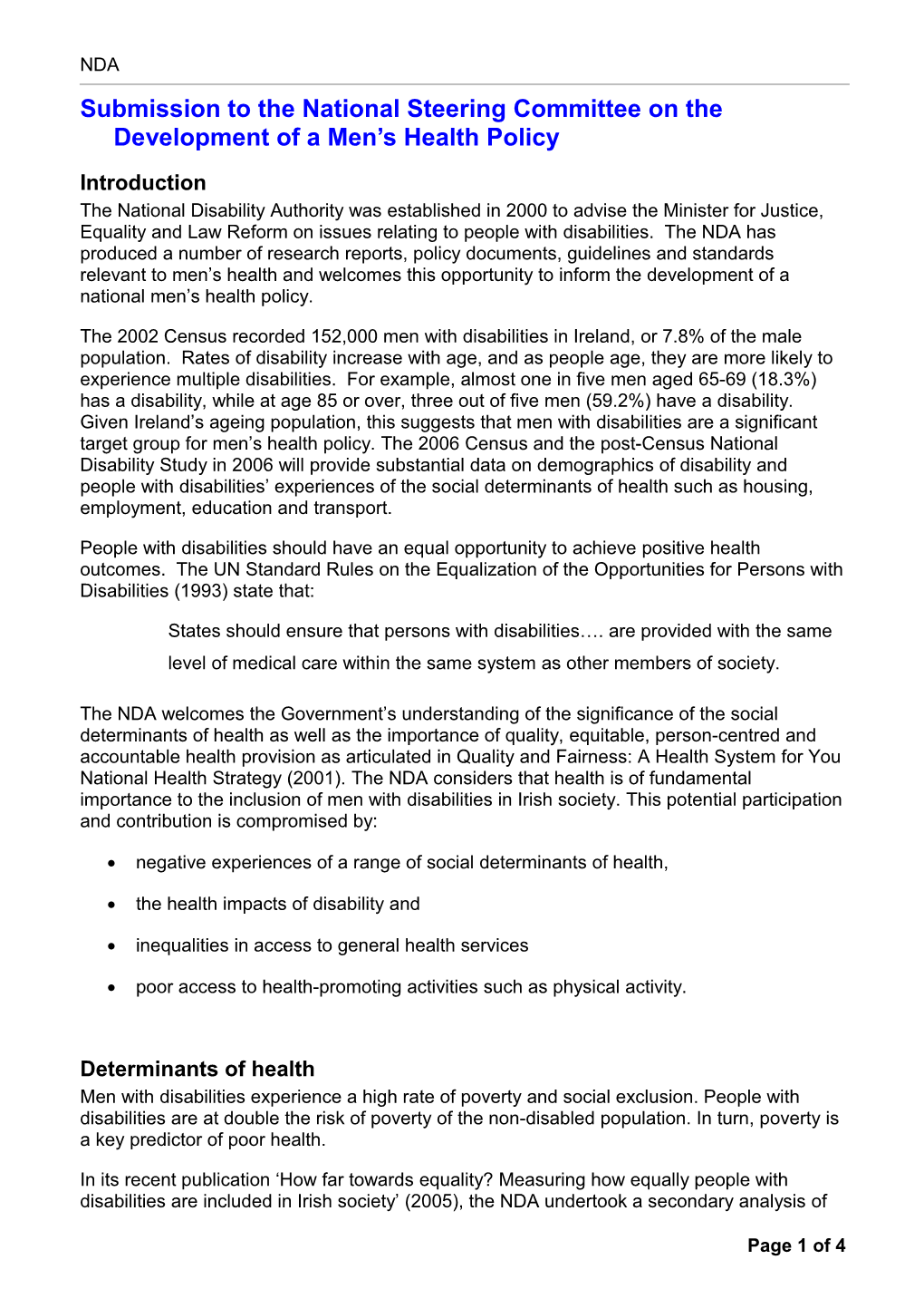 Submission to the National Steering Committee on the Development of a Men S Health Policy