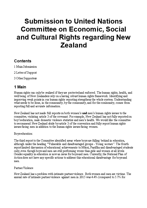 Submission to United Nations Committee on Economic, Social and Cultural Rights Regarding