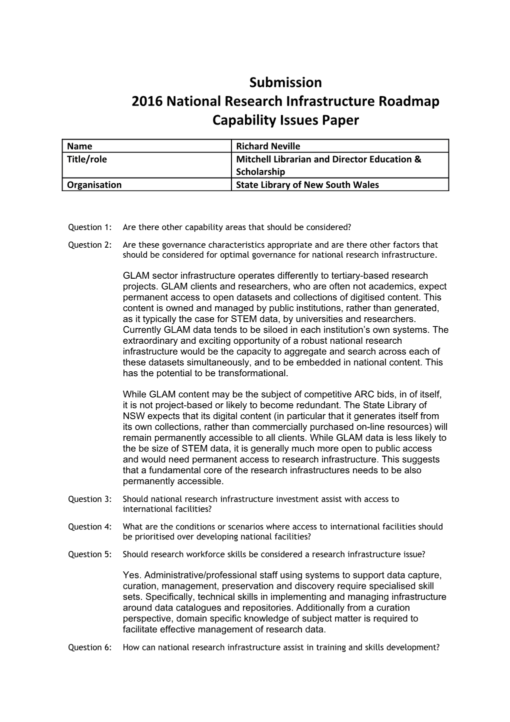 Submission2016 National Research Infrastructure Roadmap Capabilityissues Paper