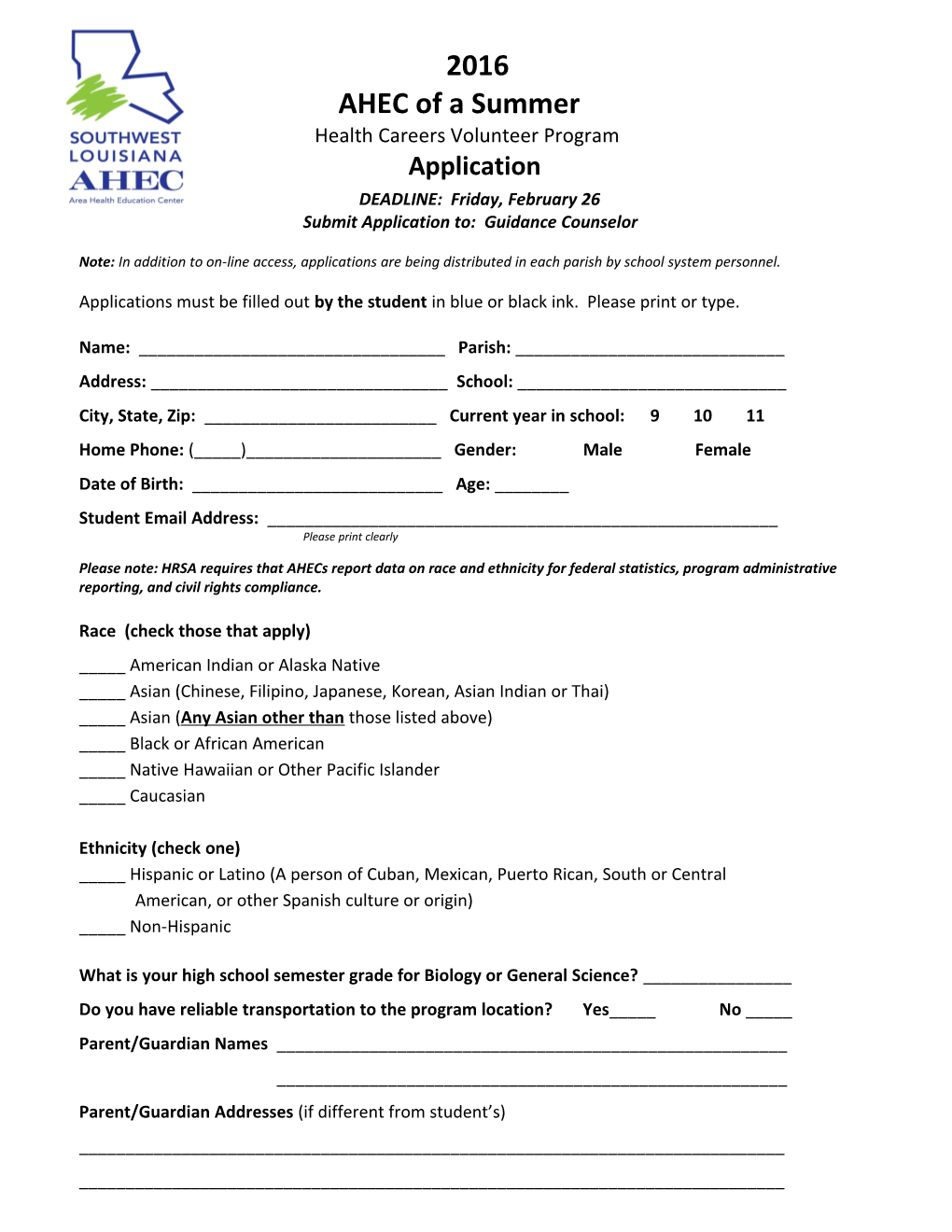 Submit Application To: Guidance Counselor