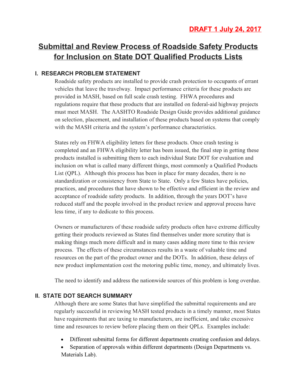 Submittal and Review Process of Roadside Safety Products for Inclusion on State DOT Qualified