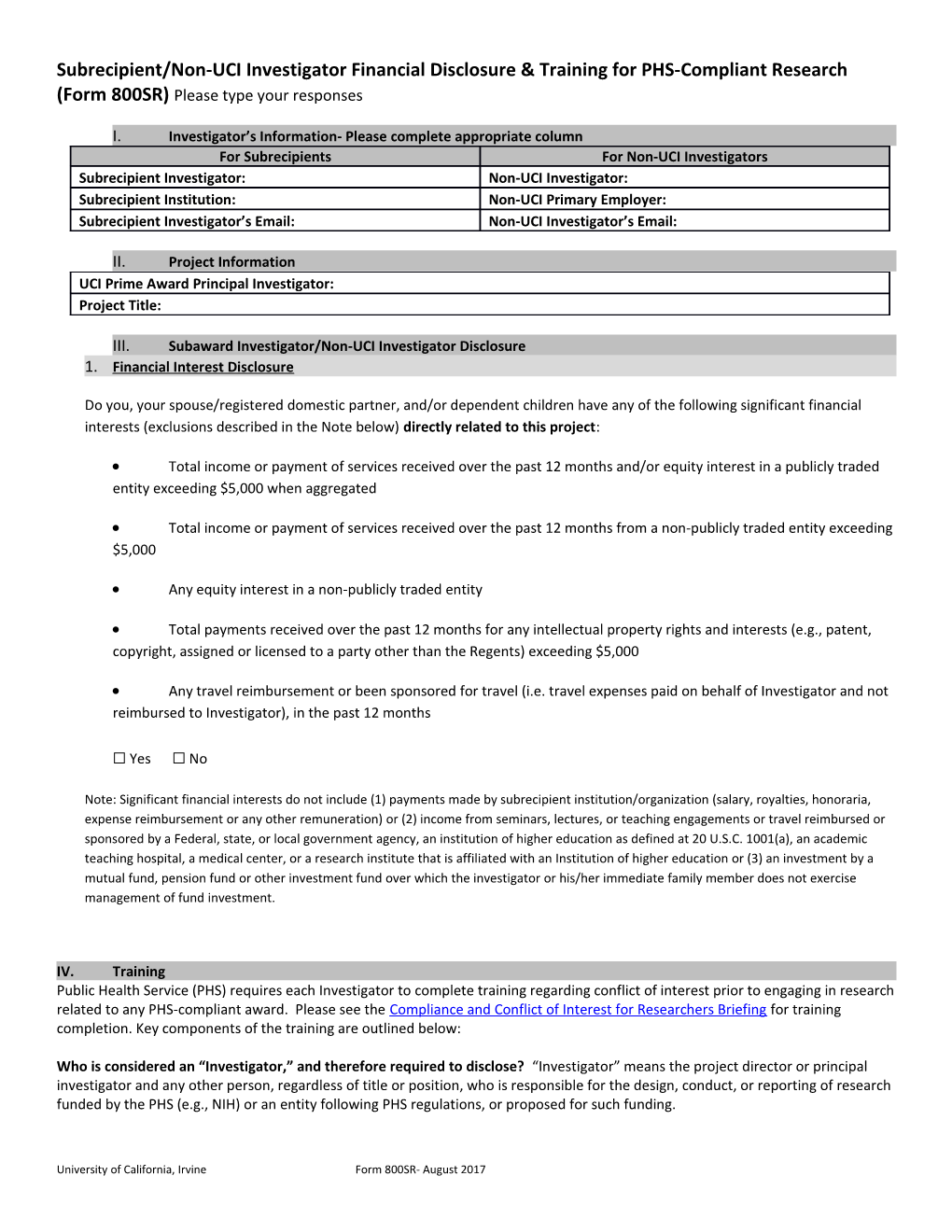 Subrecipient/Non-UCI Investigator Financial Disclosure & Training for PHS-Compliantresearch