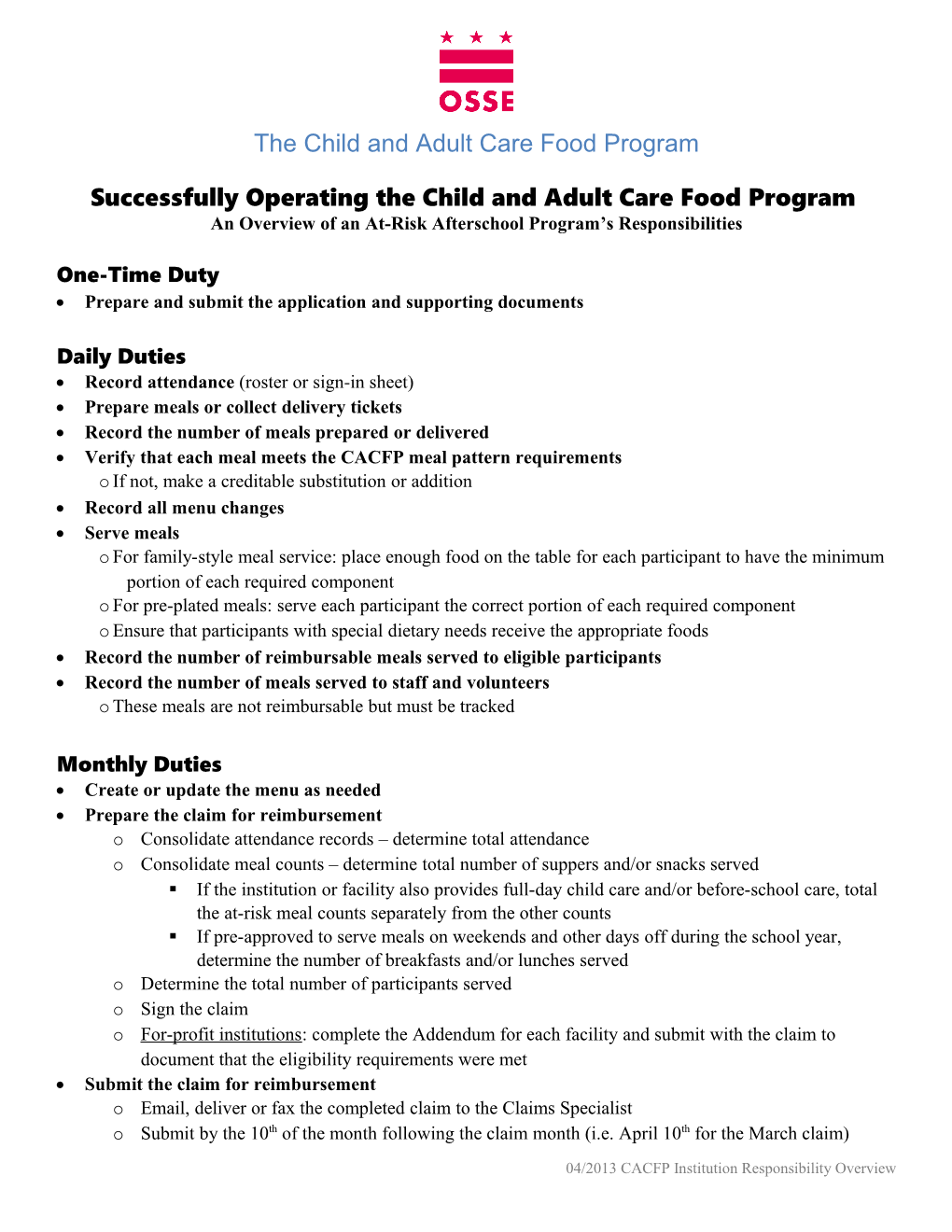 Successfully Operating the Child and Adult Care Food Program