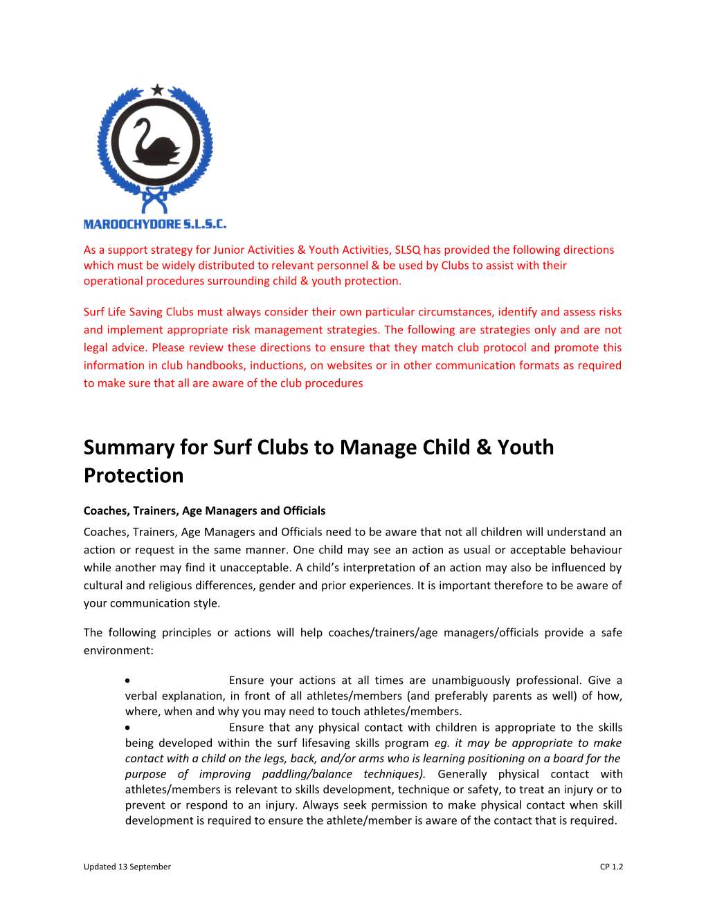 Summary for Surf Clubs to Manage Child & Youth Protection