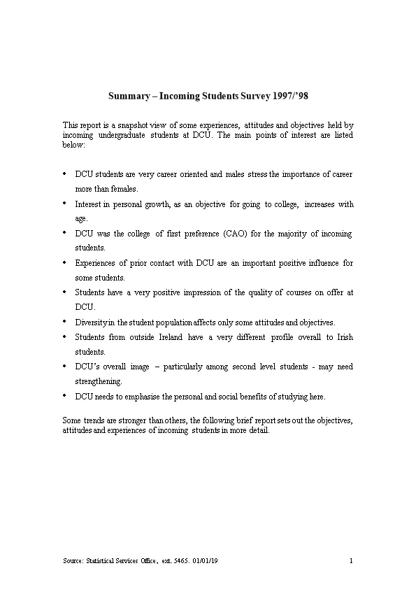Summary Incoming Students Survey 1997/ 98
