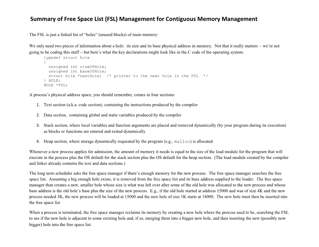Summary of Free Space List (FSL) Management for Contiguous Memory Management