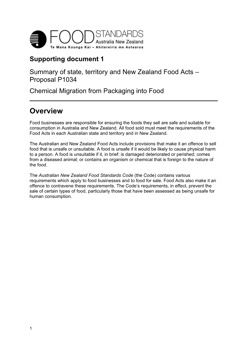 Summary of State, Territory and New Zealand Food Acts Proposal P1034