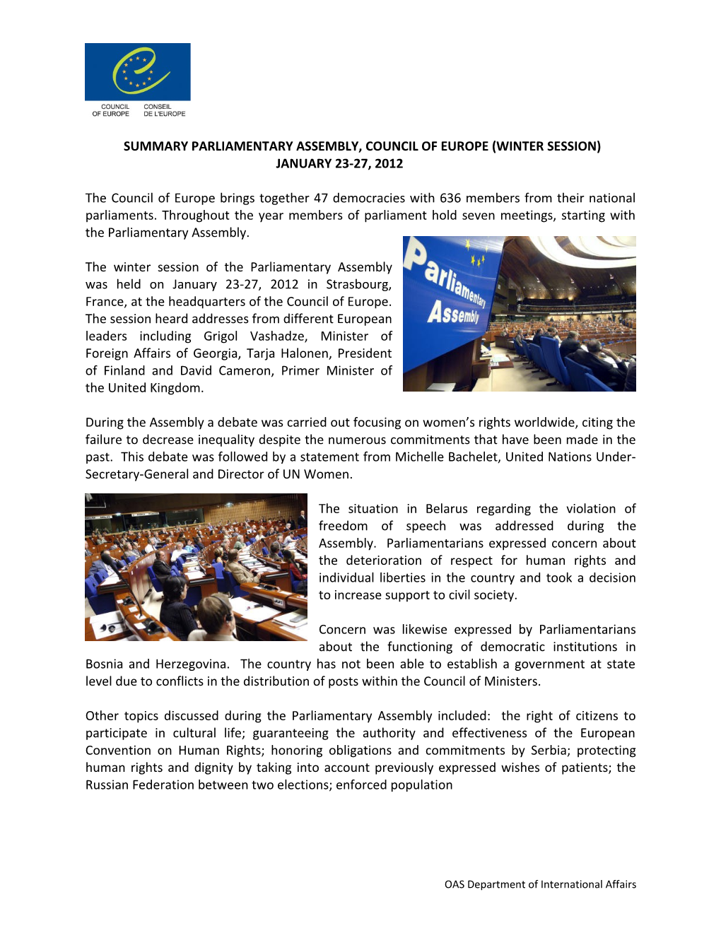 Summary Parliamentary Assembly, Council of Europe (Winter Session)