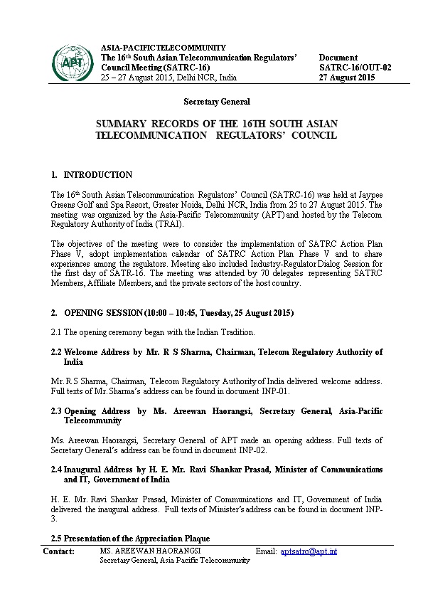 Summary Records of the 16Thsouth Asian Telecommunication Regulators Council
