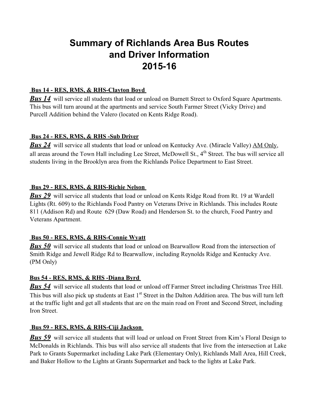 Summaryof Richlands Area Bus Routes Anddriver Information