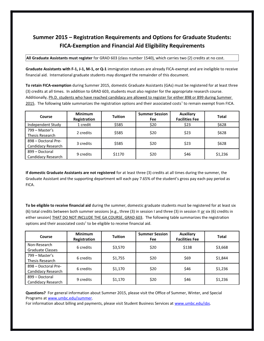 Summer 2015 Registration Requirements and Options for Graduate Students: FICA-Exemption