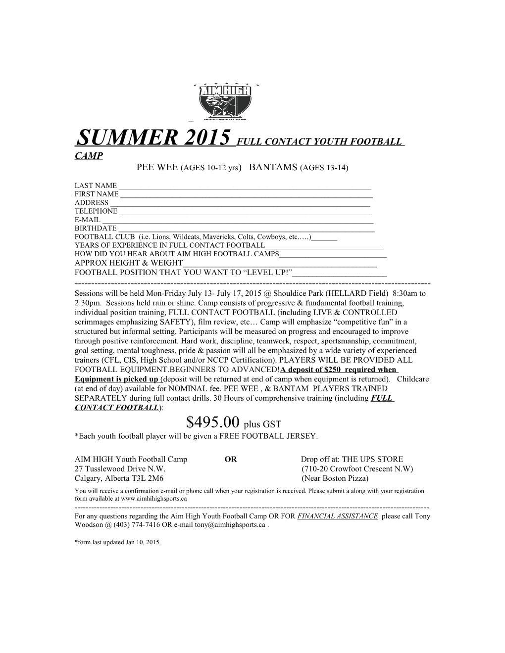 Summer 2015Full Contact Youth Football Camp