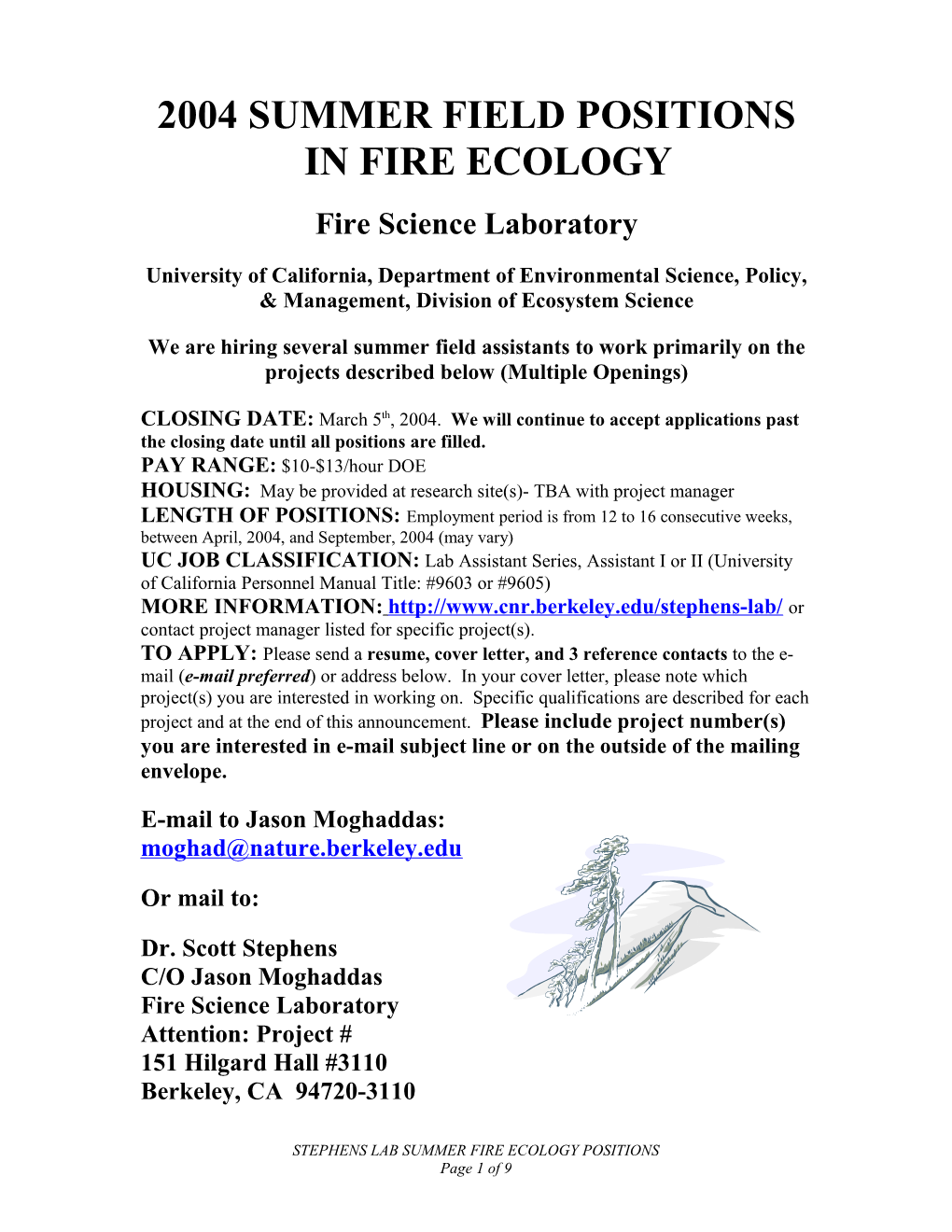 Summer Field Positions in Fire Ecology