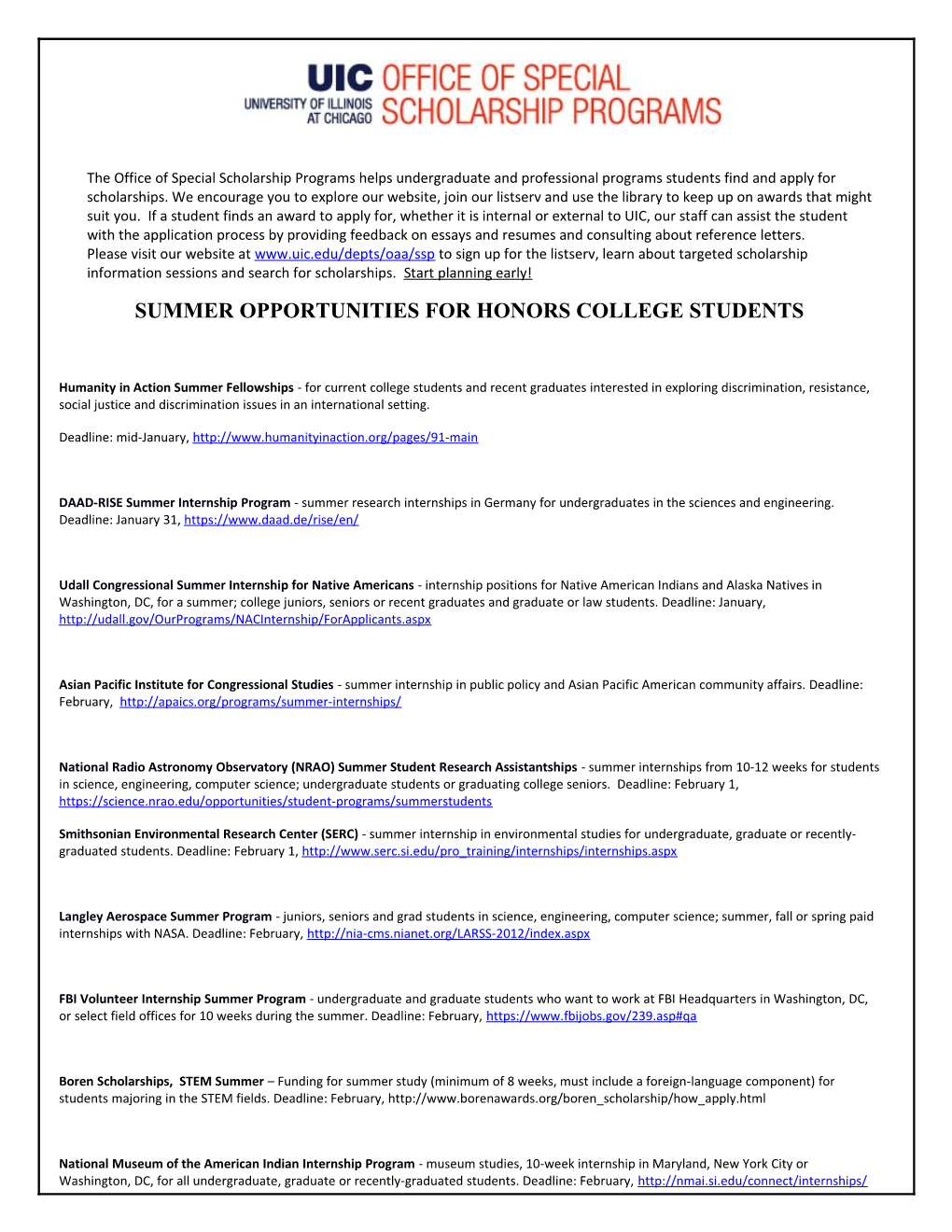 Summer Opportunities for Honors College Students