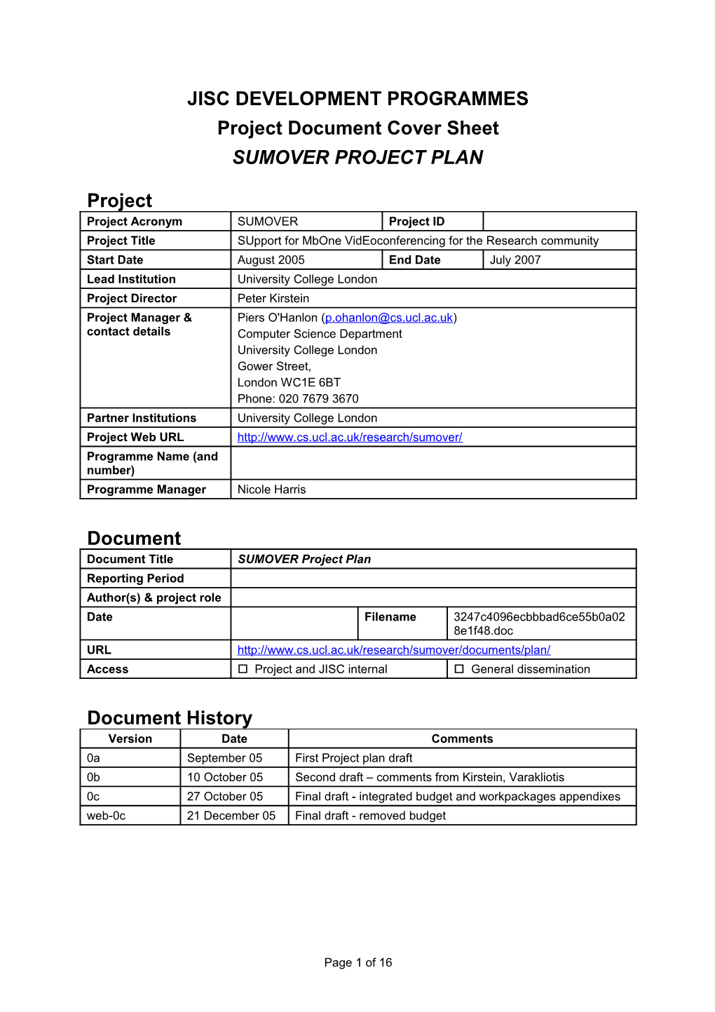 SUMOVER Project Plan