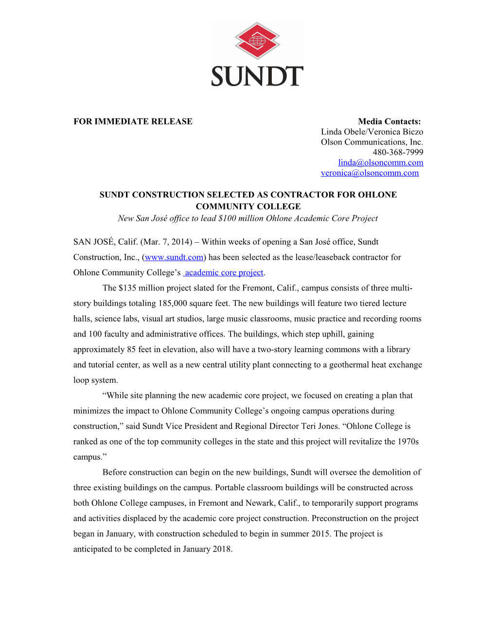 Sundt Construction Selected As Contractor for Ohlone Community College
