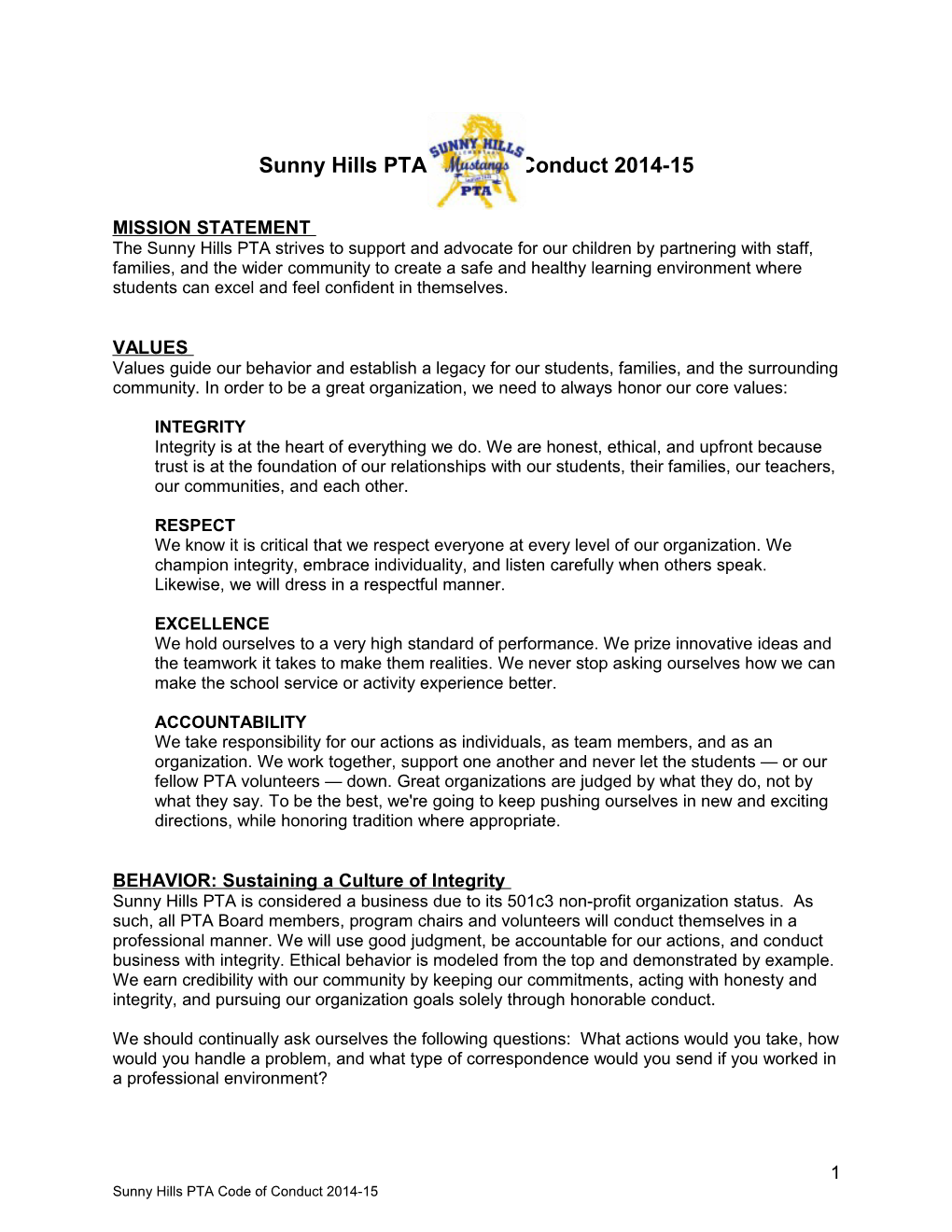 Sunny Hills PTA Code of Conduct 2014-15