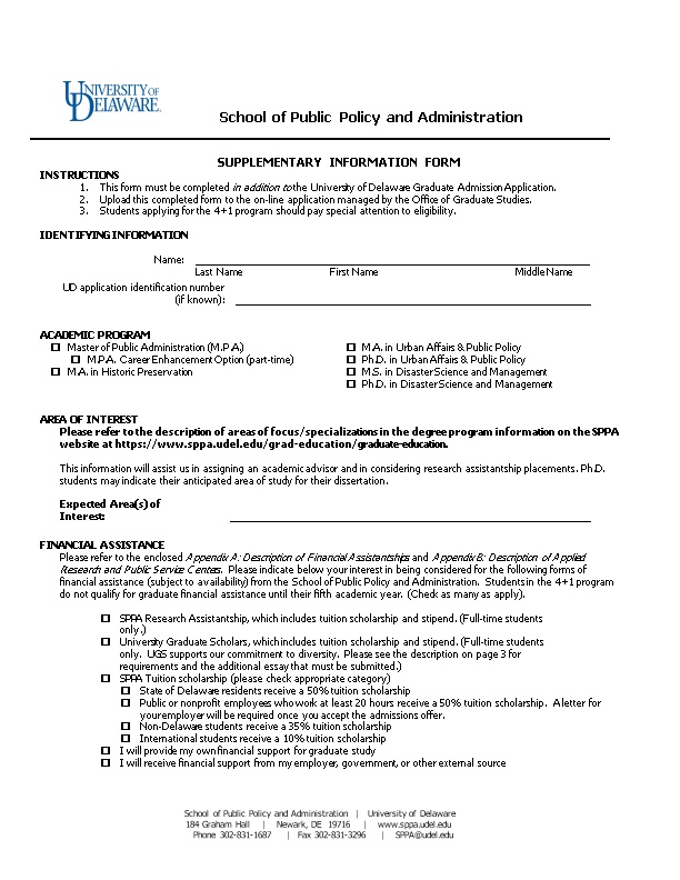 Supplementary Information Form for Graduate Applications