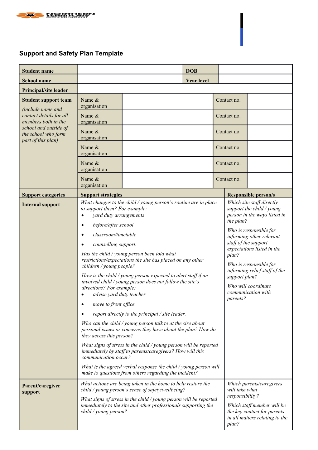 Support and Safety Plan Template