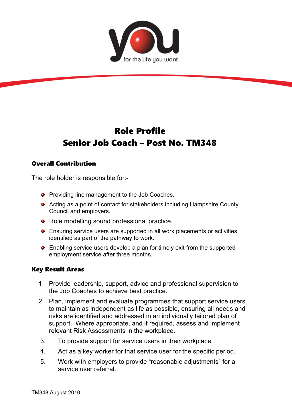 Support Worker, Learning Disabilities Role Profile T115
