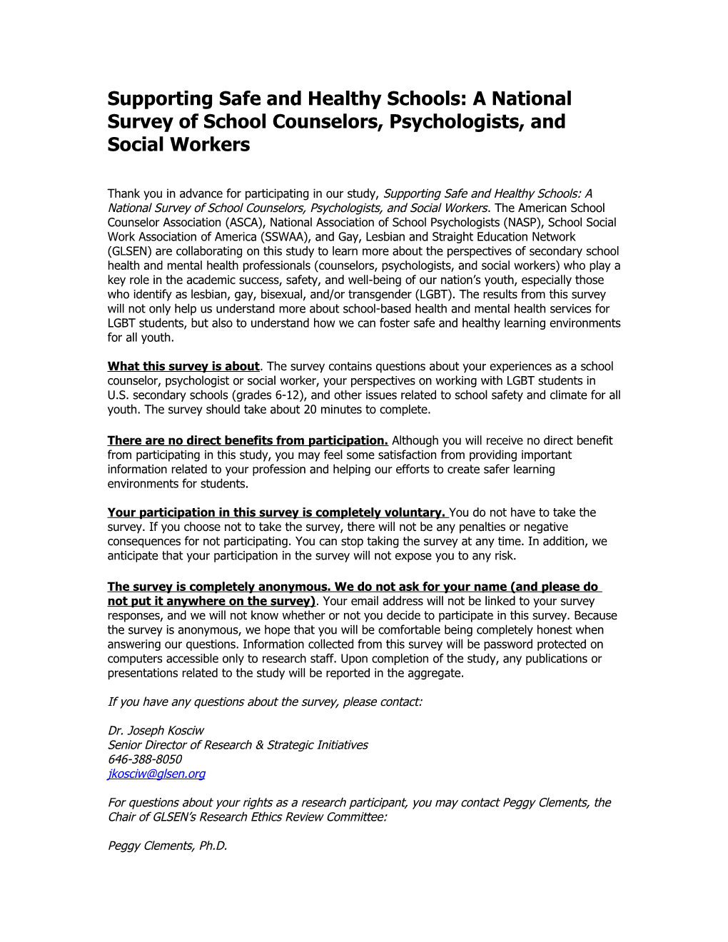 Supporting Safe and Healthy Schools: a National Survey of School Counselors, Psychologists