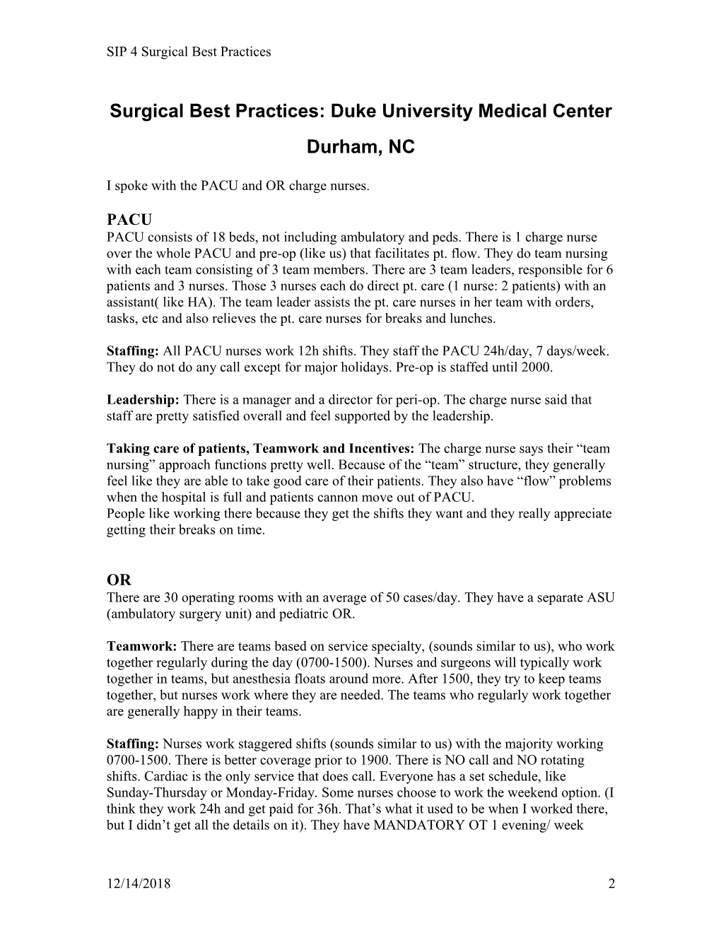 Surgical Best Practices: Duke University Medical Center