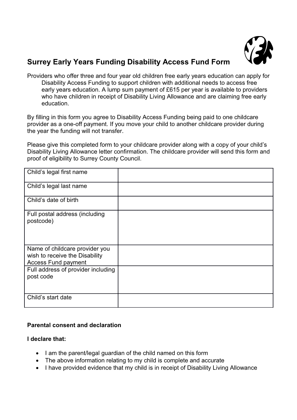Surrey Early Years Funding Disability Access Fund Form