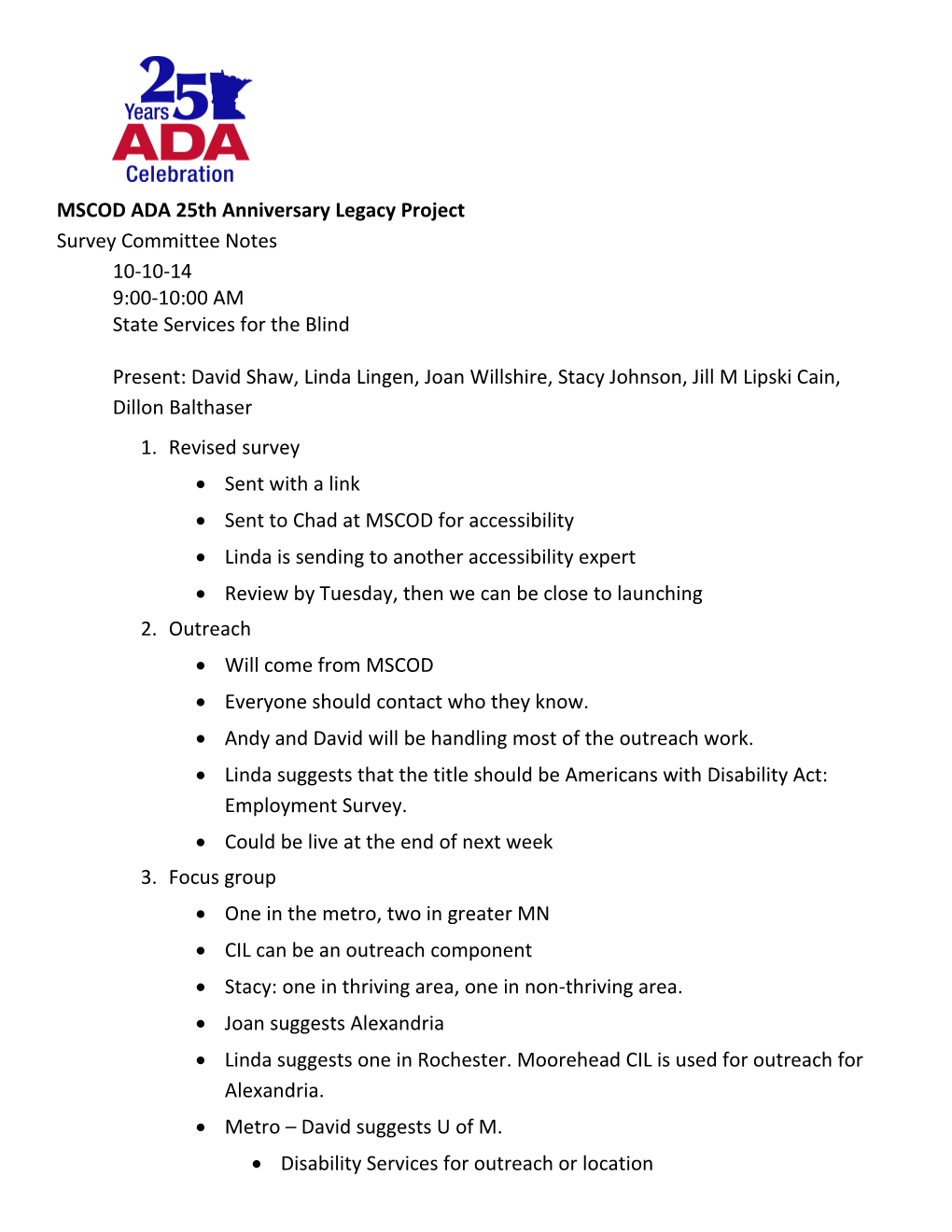 Survey Committee Notes, 10-10-14