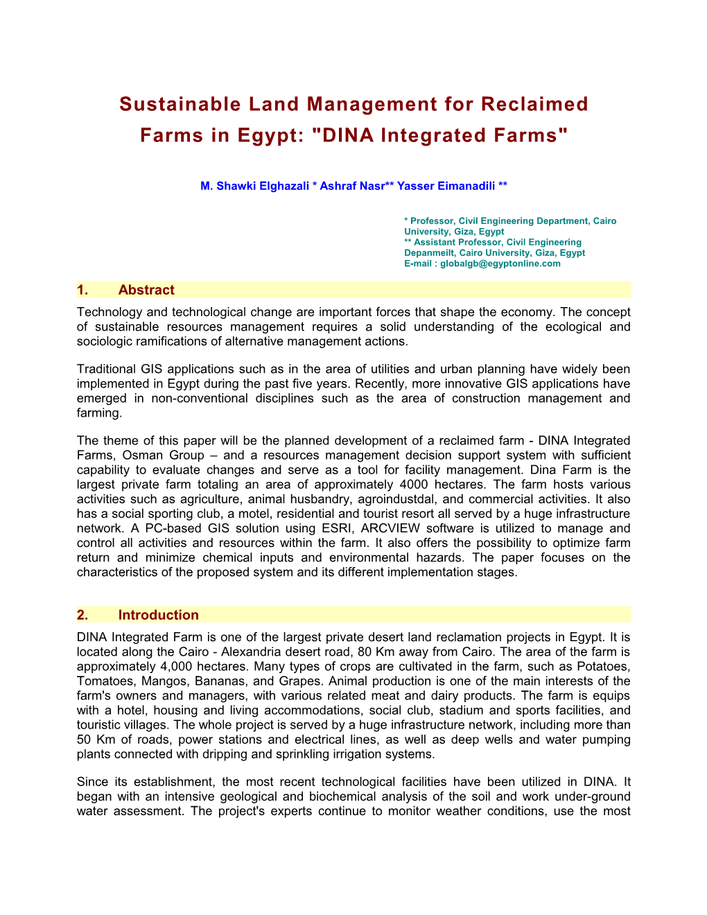 Sustainable Land Management for Agricultural Reclaimed Farms in Egypt DINA Integrated Farms