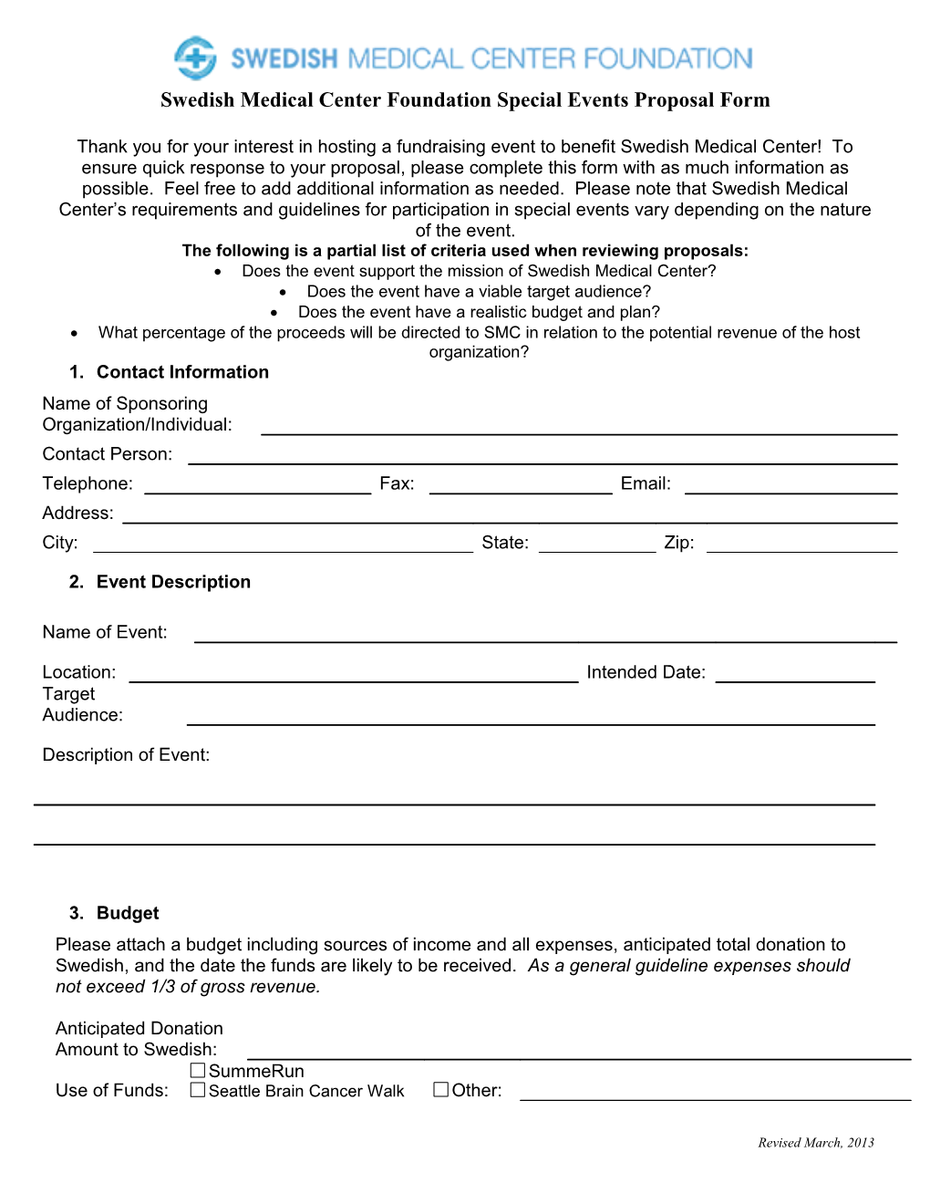 Swedish Medical Center Foundation Special Events Proposal Form