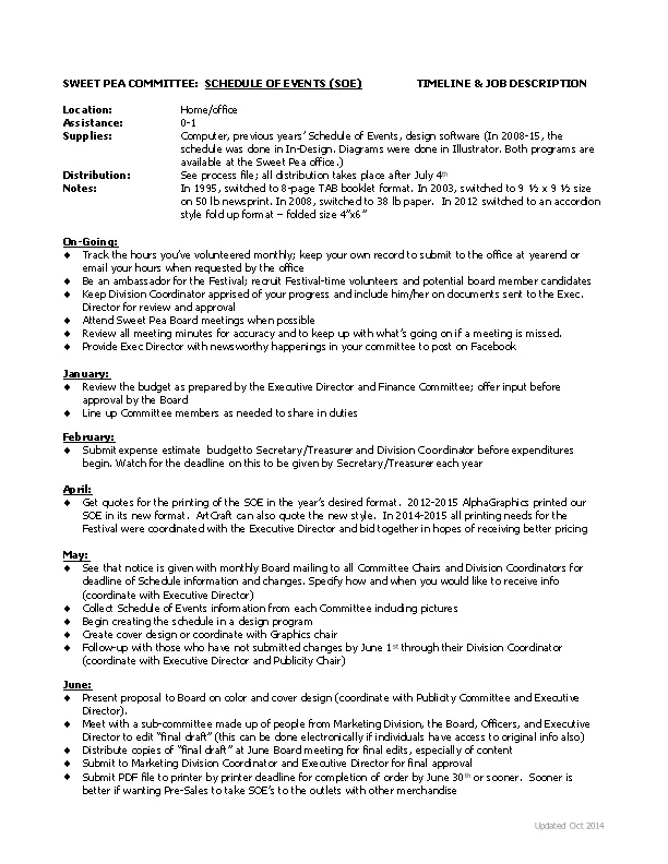 Sweet Pea Committee: Schedule of Events Time Line Job Description 1/96