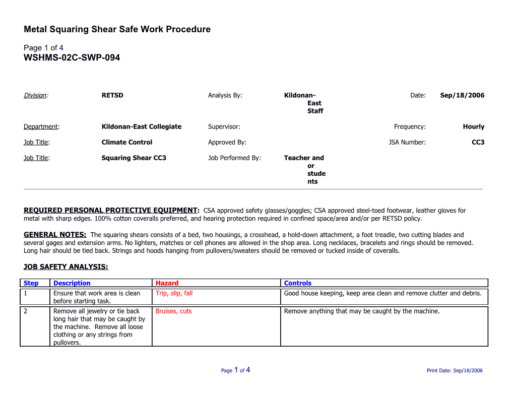 SWP-094 Metal Squaring Shear Safe Work Procedure