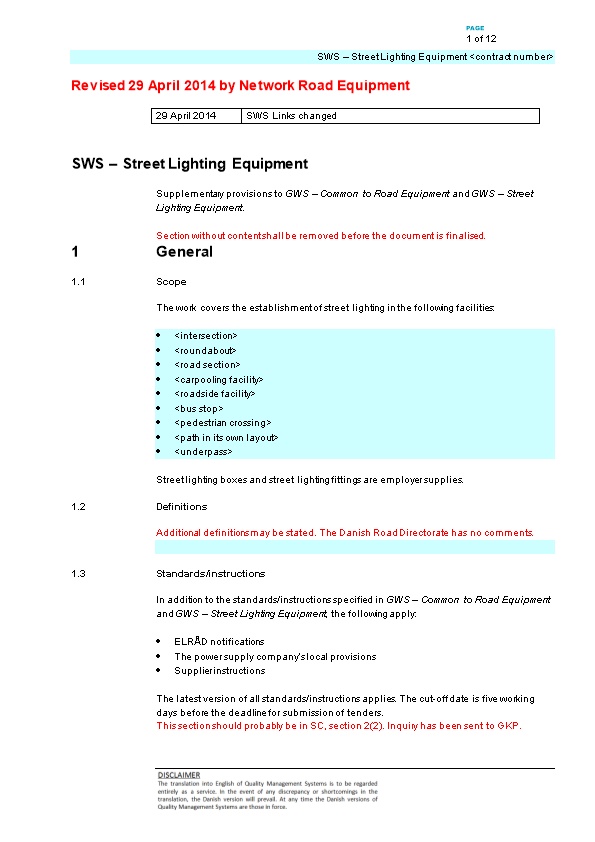 SWS Street Lighting Equipment <Contract Number>