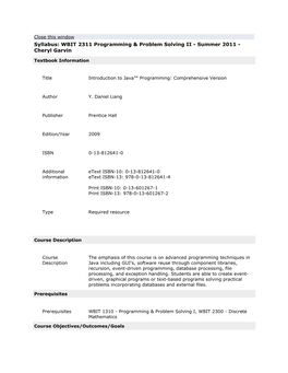 Syllabus: WBIT 2311 Programming & Problem Solving II - Summer 2011 - Cheryl Garvin