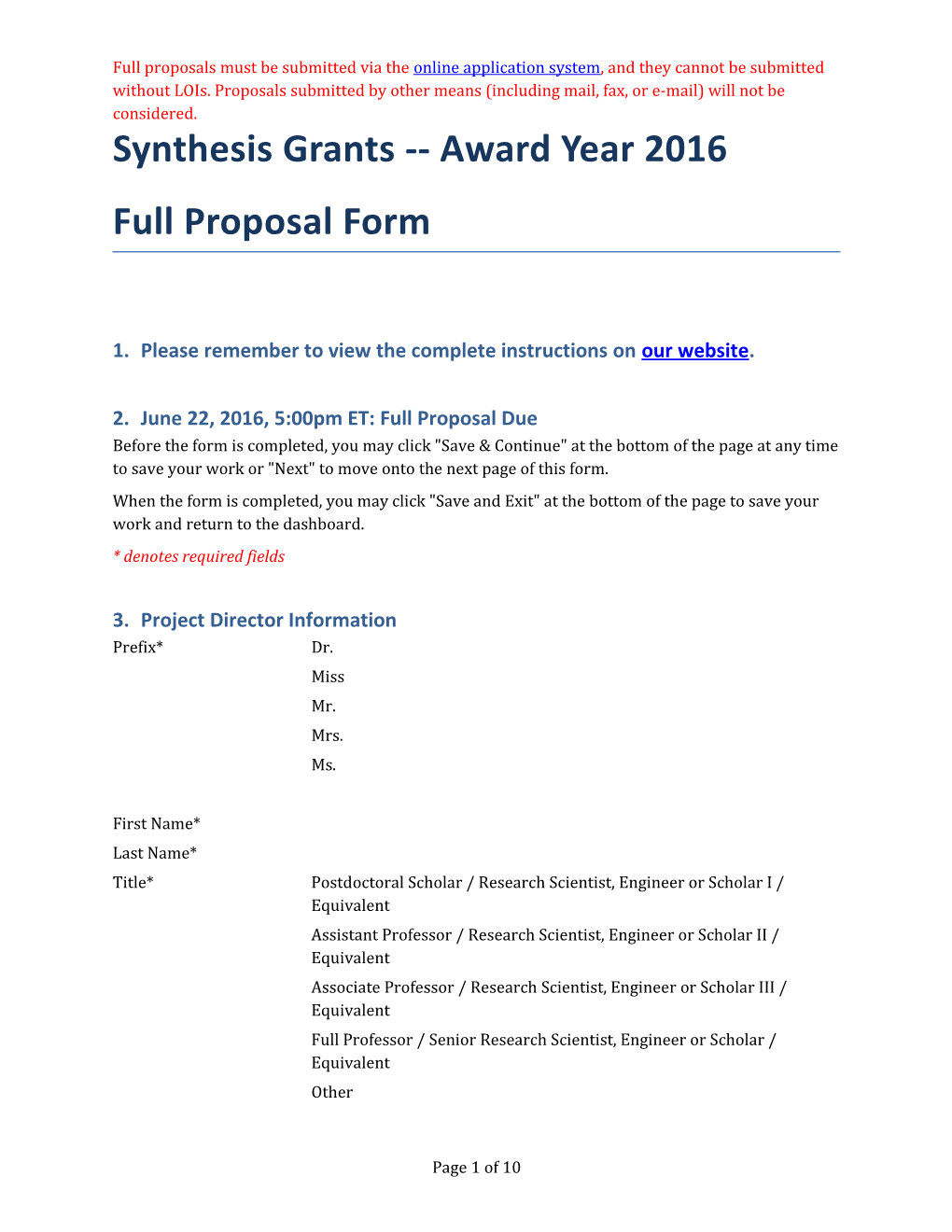 Synthesis Grants Award Year 2016 Full Proposal Form