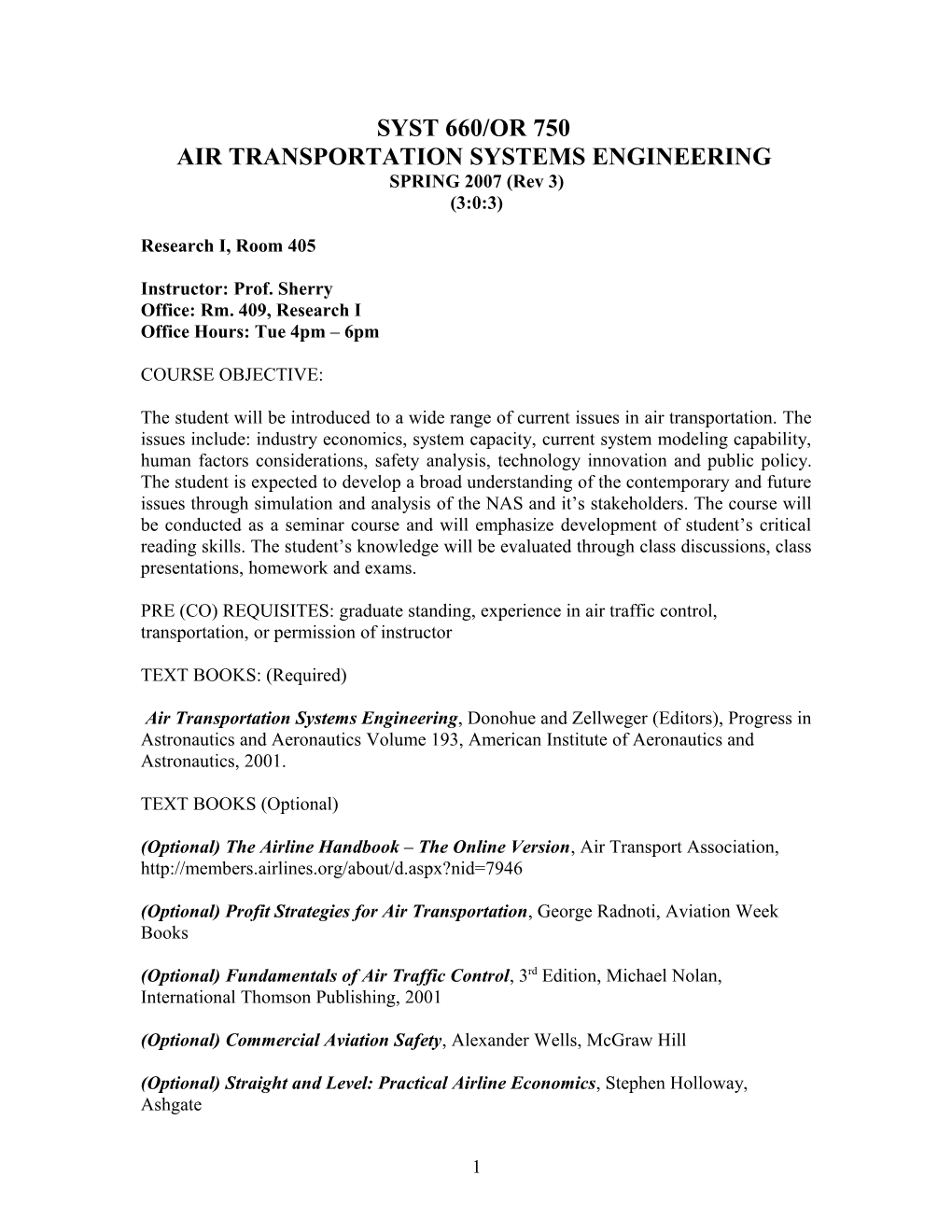 Syst 660/Or 660 Air Transportation Systems Engineering