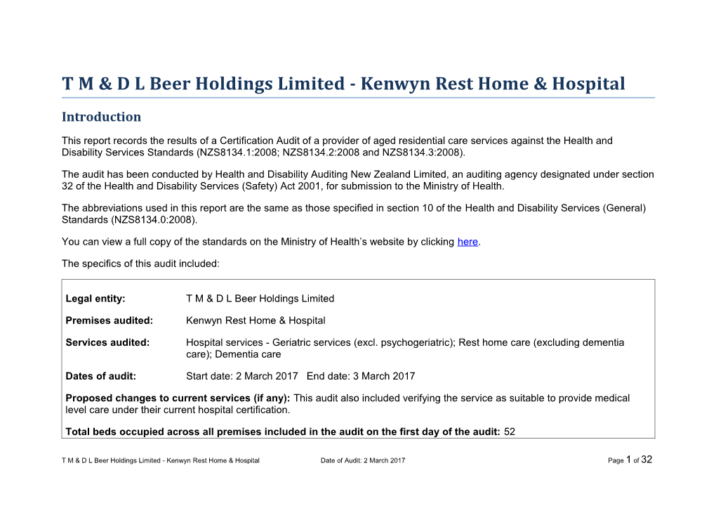 T M & D L Beer Holdings Limited - Kenwyn Rest Home & Hospital