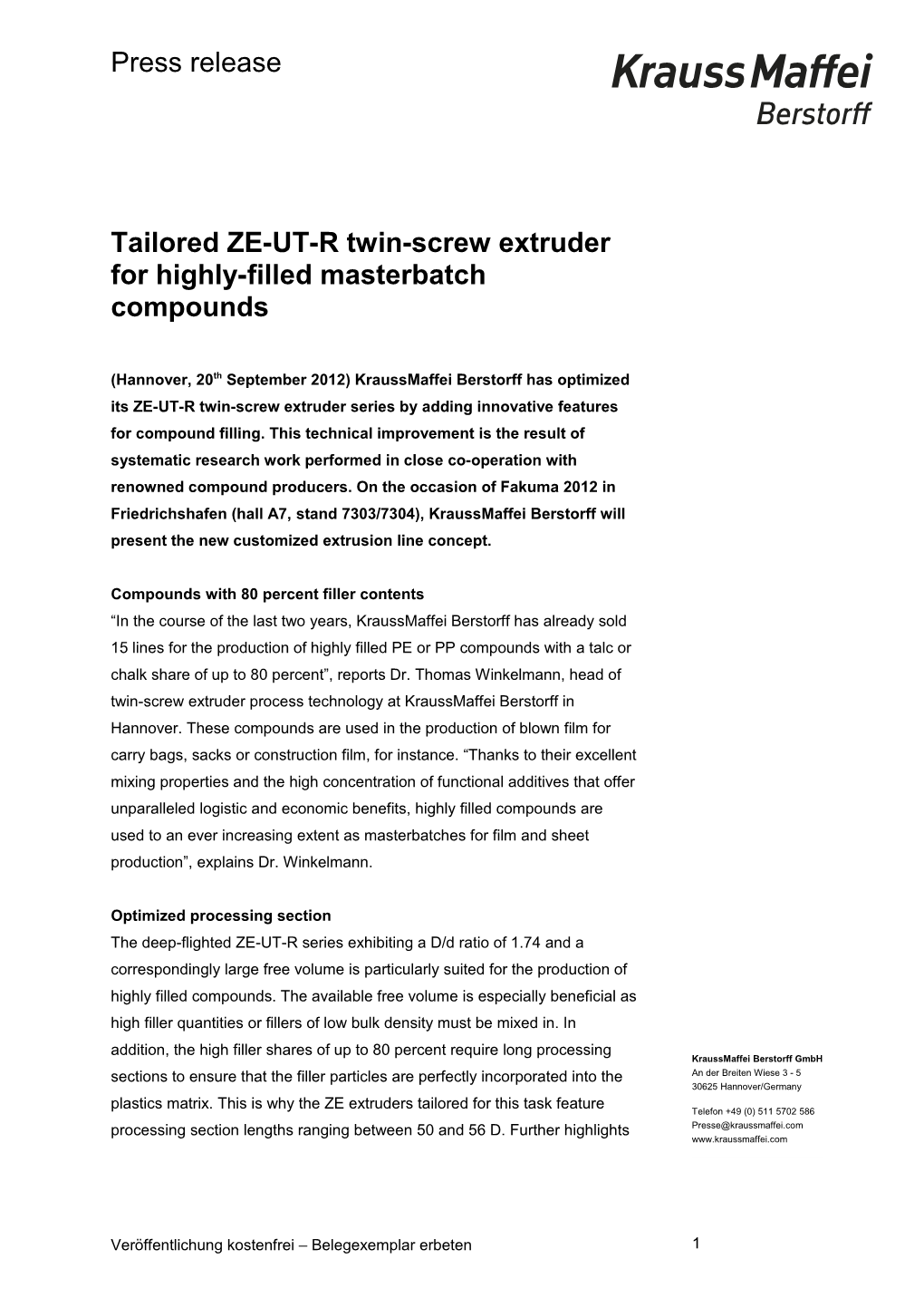 Tailored ZE-UT-R Twin-Screw Extruder for Highly-Filled Masterbatch Compounds