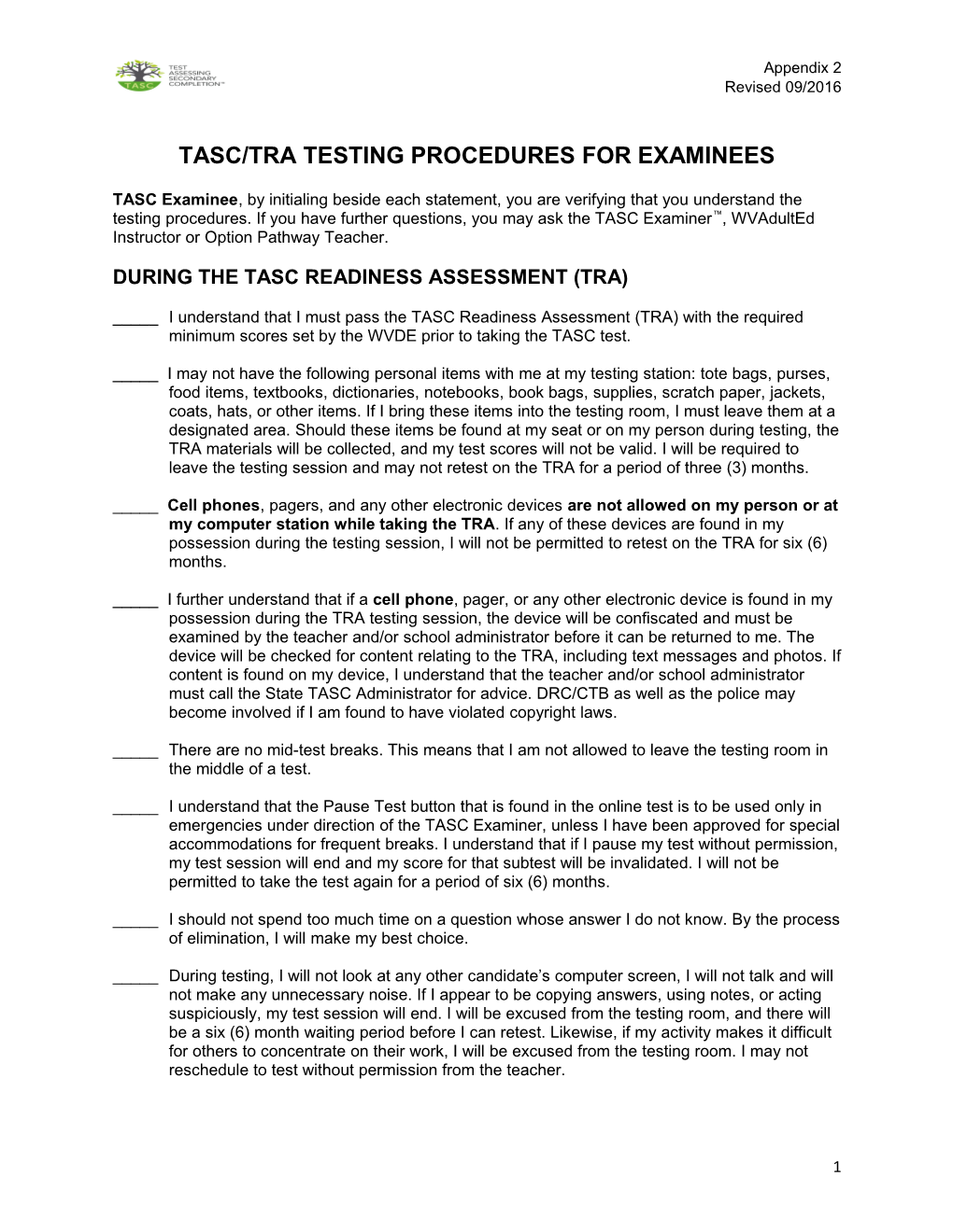 Tasc/TRA Testing Procedures for Examinees