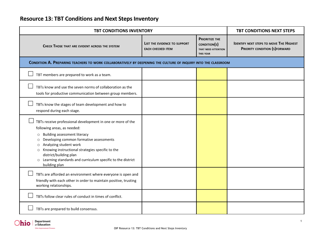 Tbt Conditions Inventory and Facilitation Next Steps