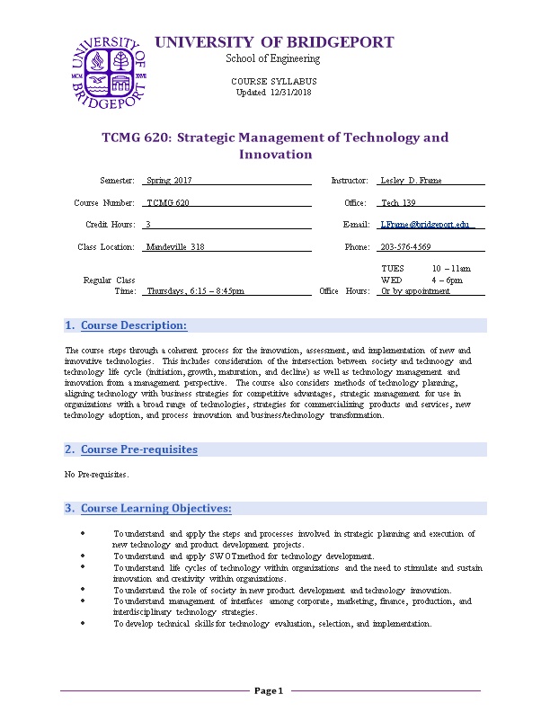 TCMG 620: Strategic Management of Technology and Innovation