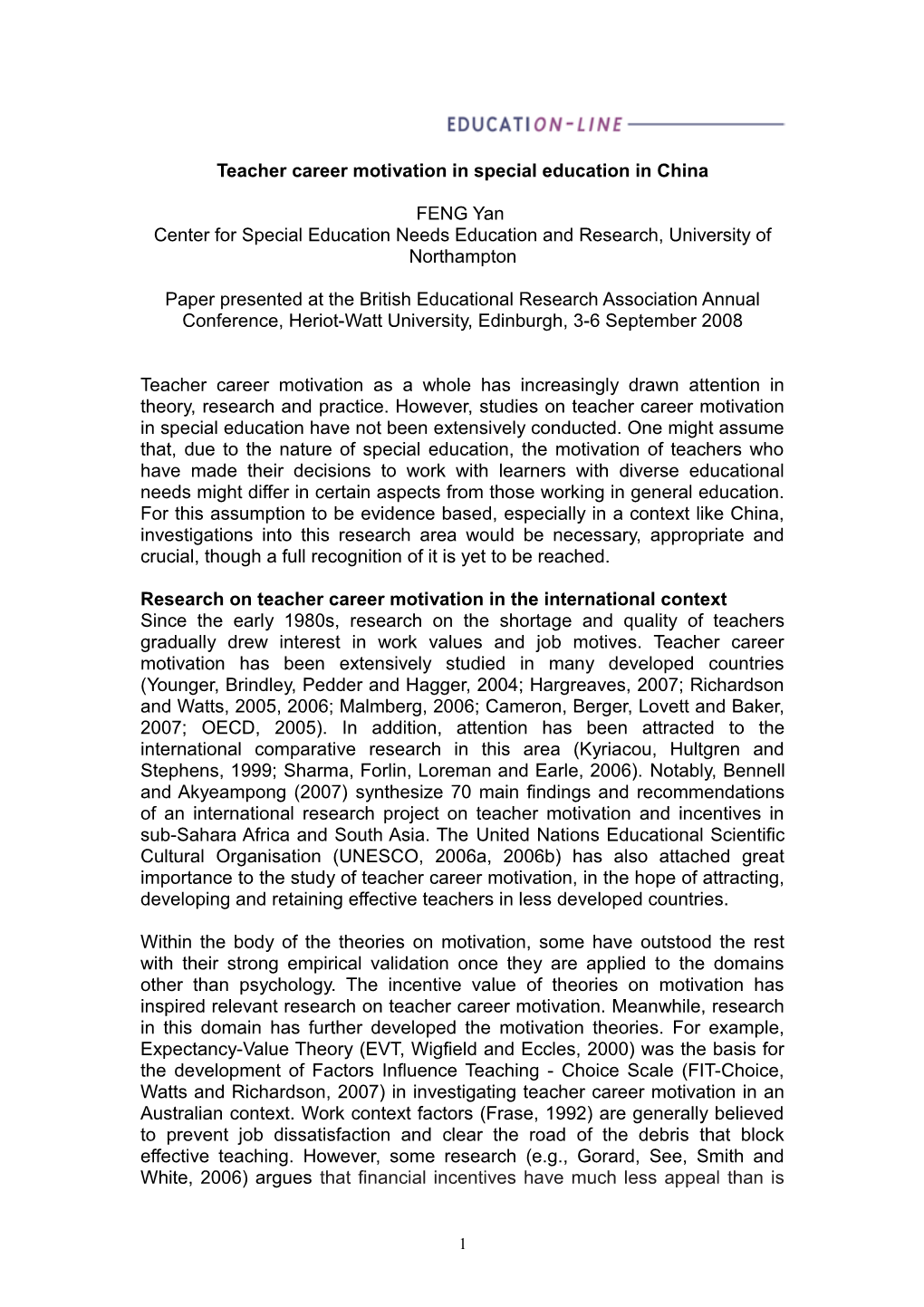 Teacher Career Motivation in Special Education in China